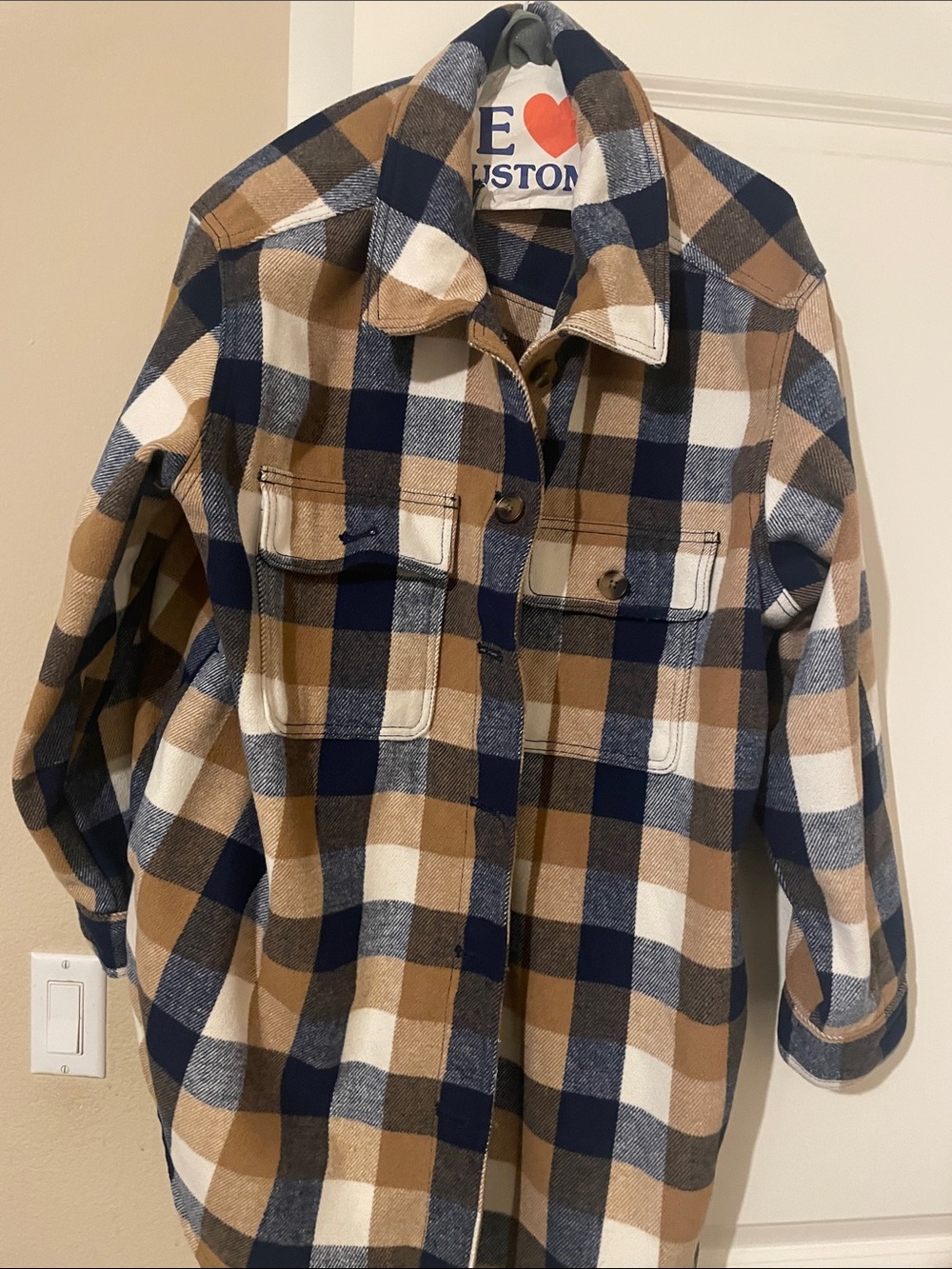 Old Navy Navy, Tan, Cream Plaid Flannel Shirt Jacket